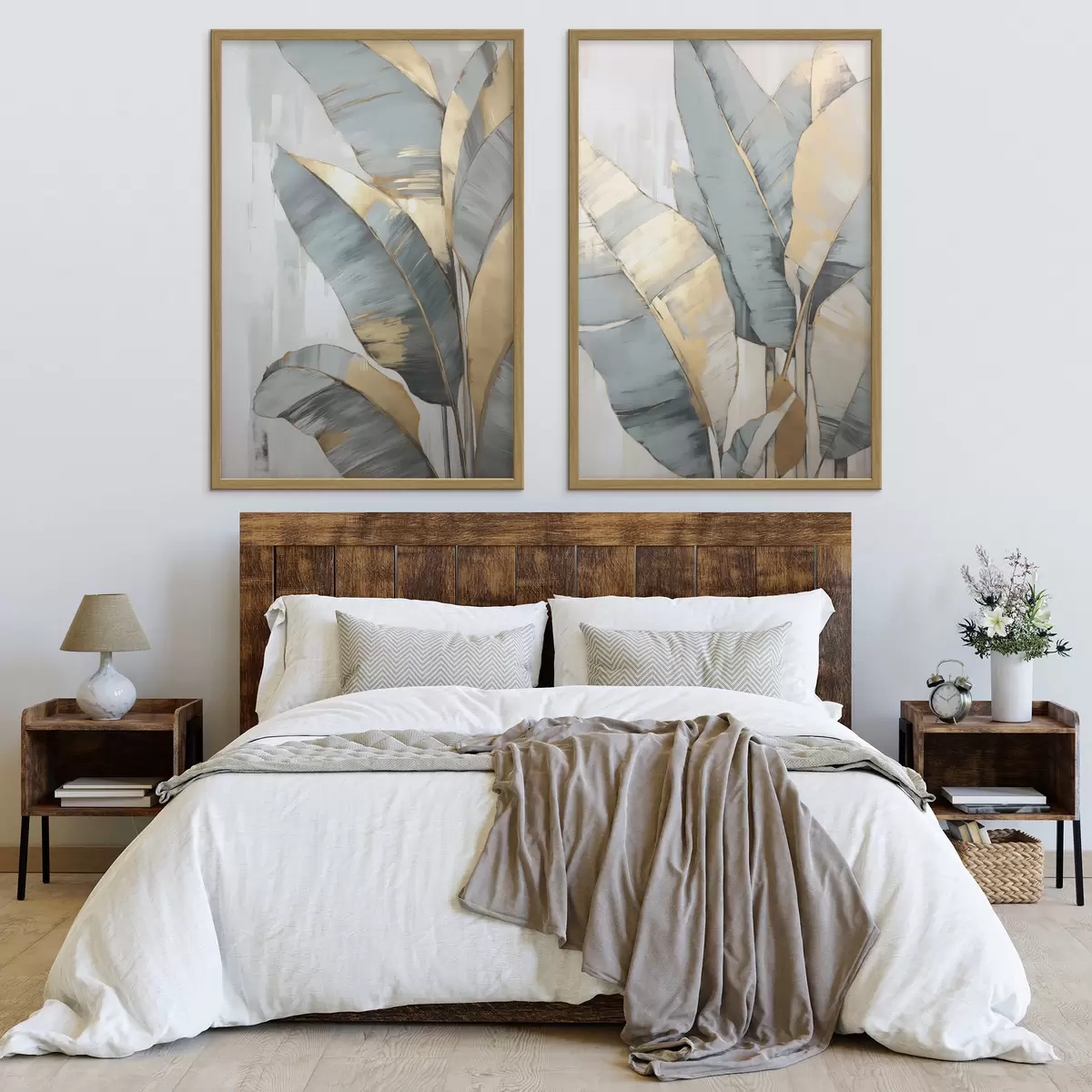 Poster Eine Reihe von gedämpften blauen, grauen und gelben Bananenblättern mit sichtbaren Pinselstrichen vor einem weißen abstrakten Hintergrund d00645