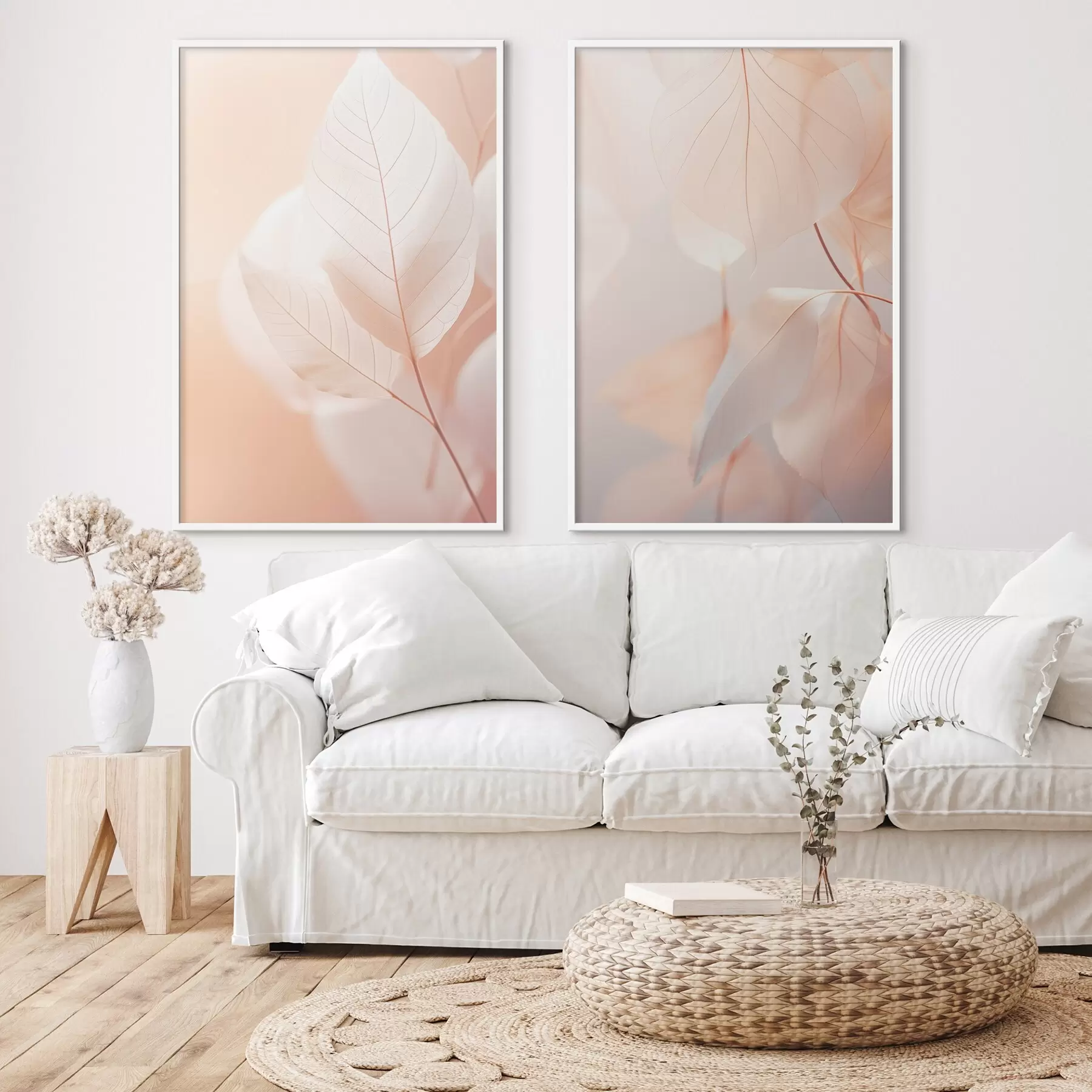 Fototapete Nahaufnahme von durchscheinenden Blättern mit zarten Adern, weiche Pfirsich und weiße Farbpalette, verschwommener Hintergrund d00647