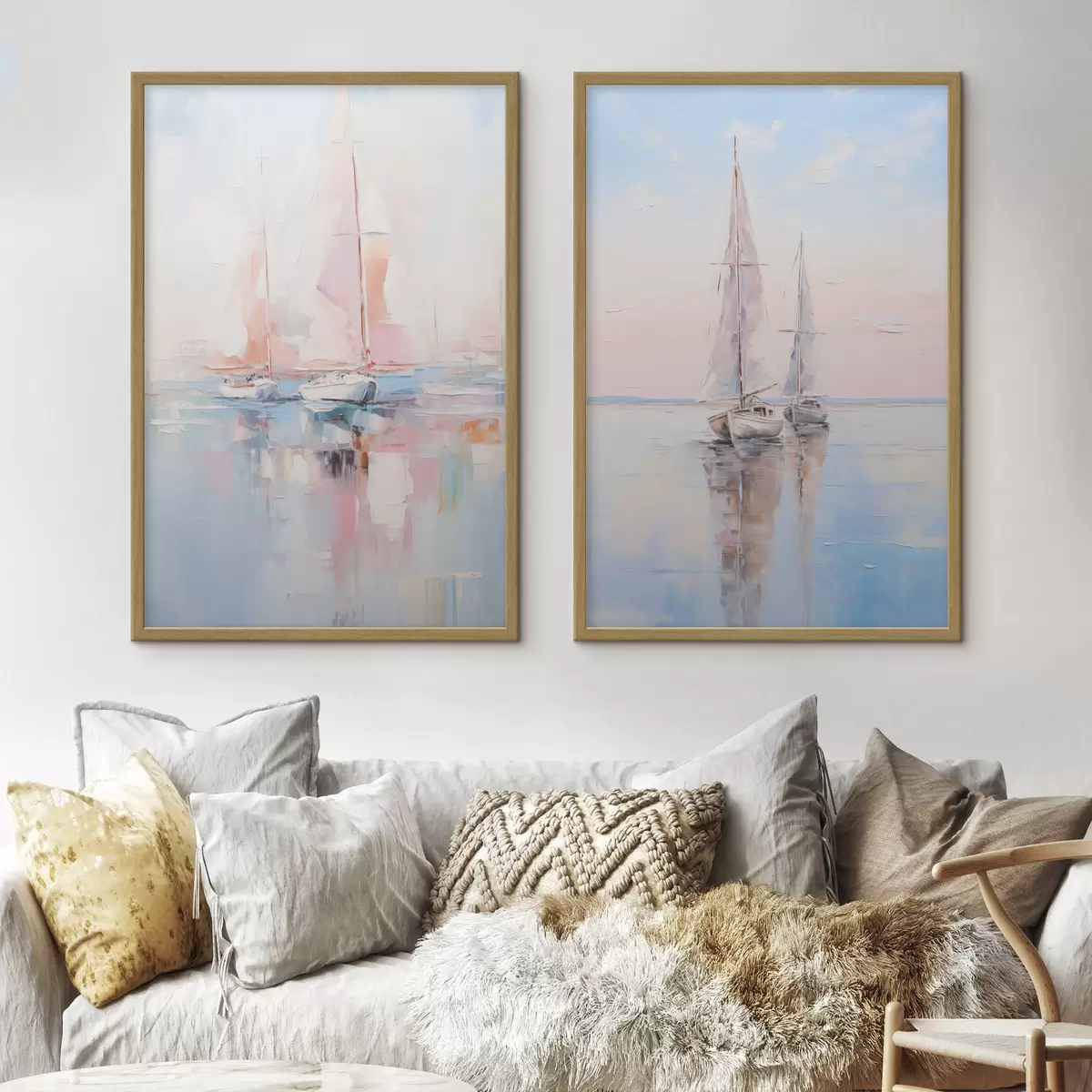 Poster Segelboote mit rosafarbenen Segeln, die auf einer ruhigen See treiben, Spiegelungen der Boote im Wasser, sanfte Pastellfarben d00648