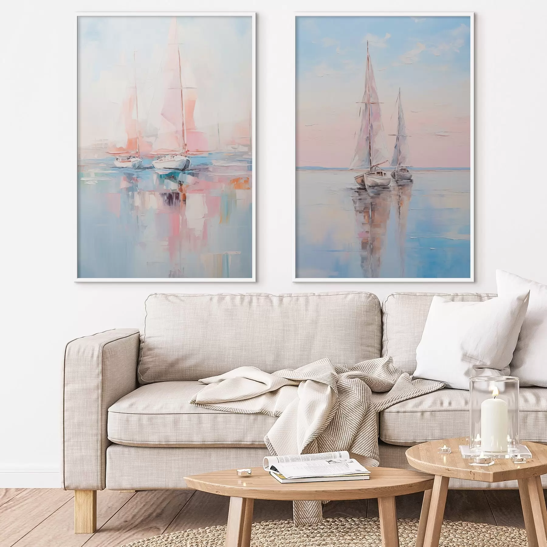 Fototapete Segelboote mit rosafarbenen Segeln, die auf einer ruhigen See treiben, Spiegelungen der Boote im Wasser, sanfte Pastellfarben d00648