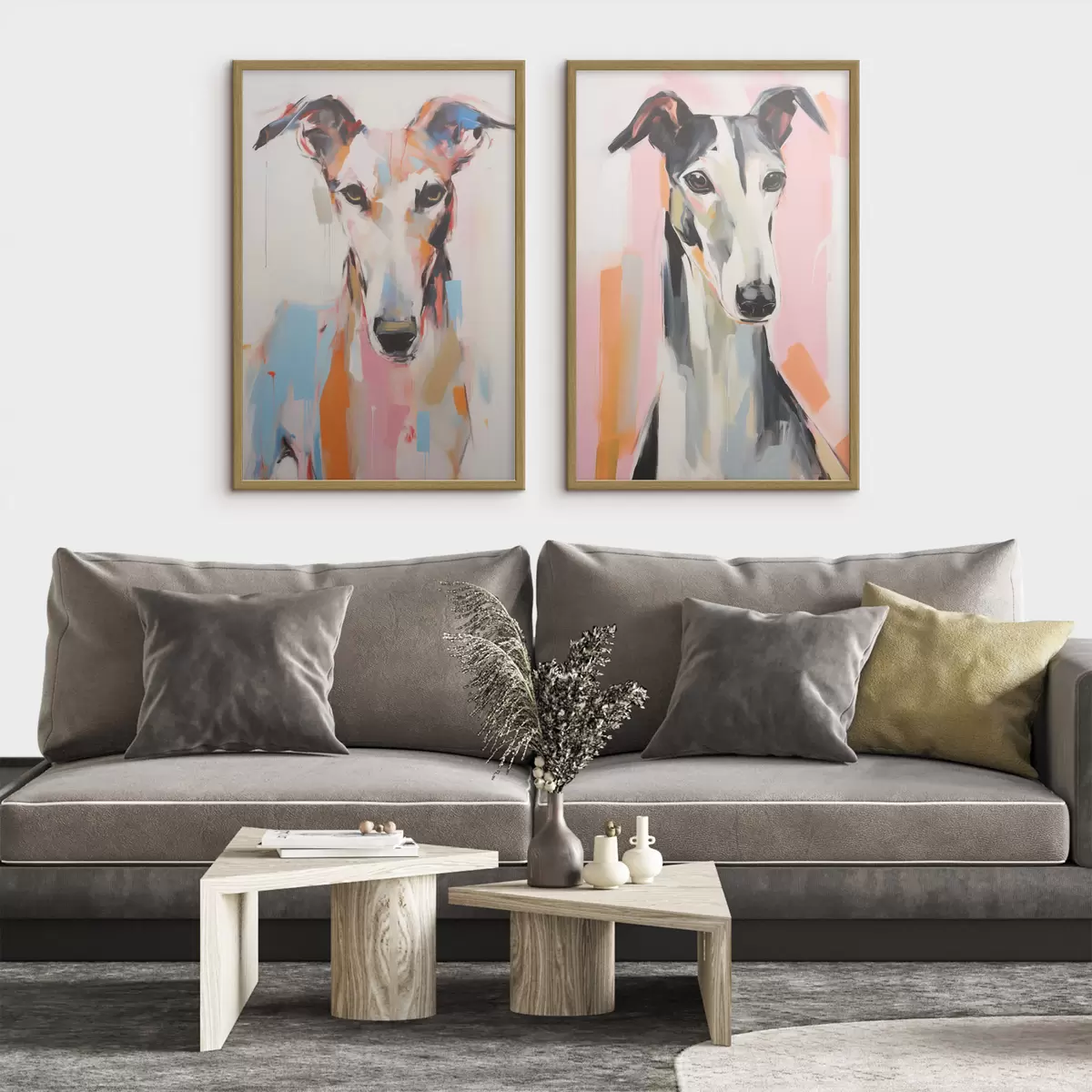 Poster Ein Windhund, gemalt mit leuchtenden Farben wie Orange, Rosa und Blau, vor einem schlichten weißen Hintergrund d00652