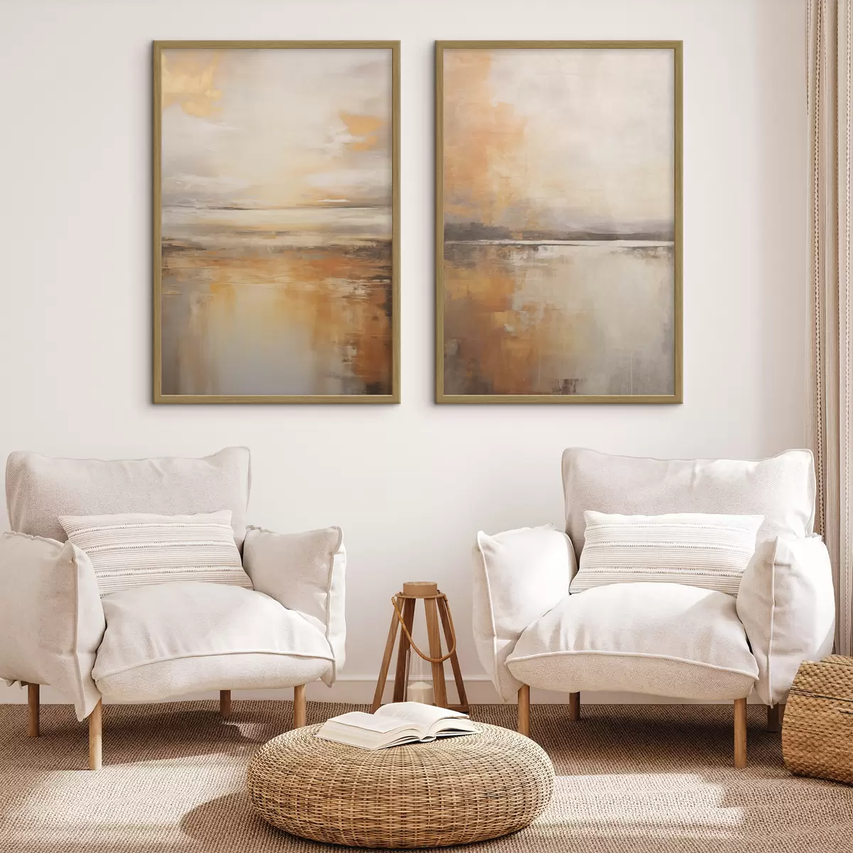 Poster Ein abstraktes Gemälde von einer Strandlandschaft mit einem ruhigen Meer, orangefarbenem Sand und einem bewölkten Himmel mit Sonne d00653
