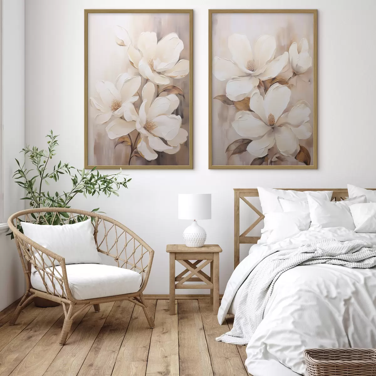 Poster Weiße Magnolienblüten vor einem weichen, unscharfen Hintergrund aus Beige- und Brauntönen, Malstil d00655