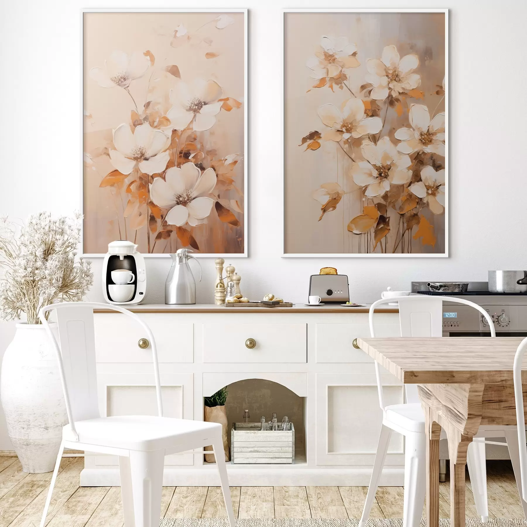 Fototapete Weiße Blumen mit orangefarbenen Blättern, zarte Pinselstriche, warme Farbpalette, elegante Komposition d00656