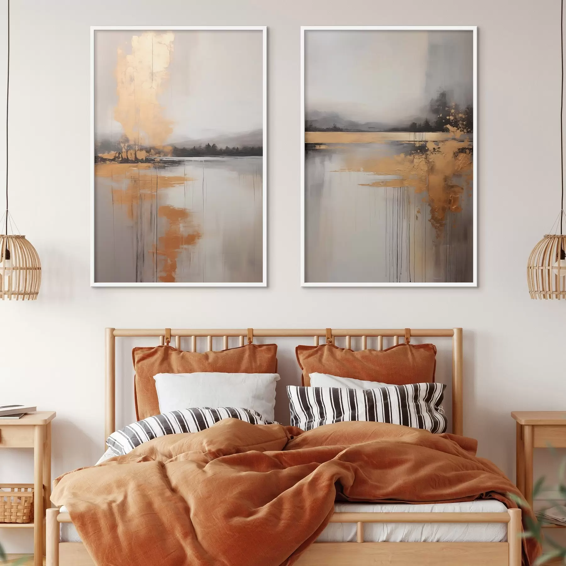 Fototapete Eine abstrakte Landschaft mit einem See, Baum und gelben Nebel, das Wasser spiegelt und bewölkten Himmel d00657