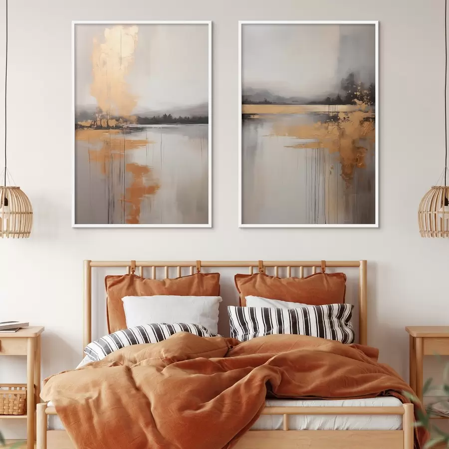 Fototapete Eine abstrakte Landschaft mit einem See, Baum und gelben Nebel, das Wasser spiegelt und bewölkten Himmel d00657