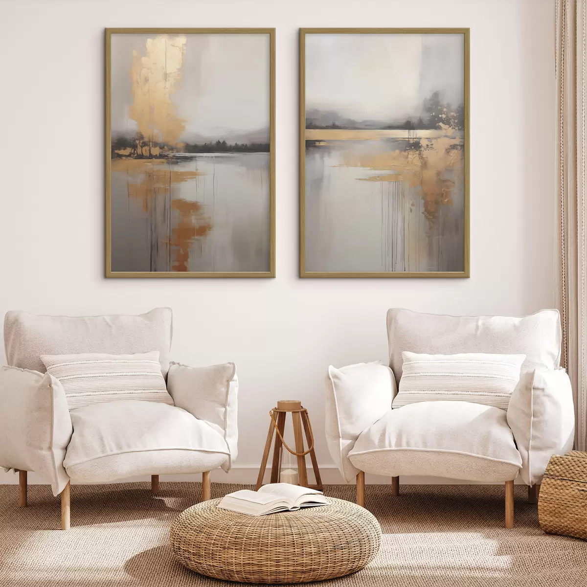 Poster Eine abstrakte Landschaft mit einem See, Baum und gelben Nebel, das Wasser spiegelt und bewölkten Himmel d00657