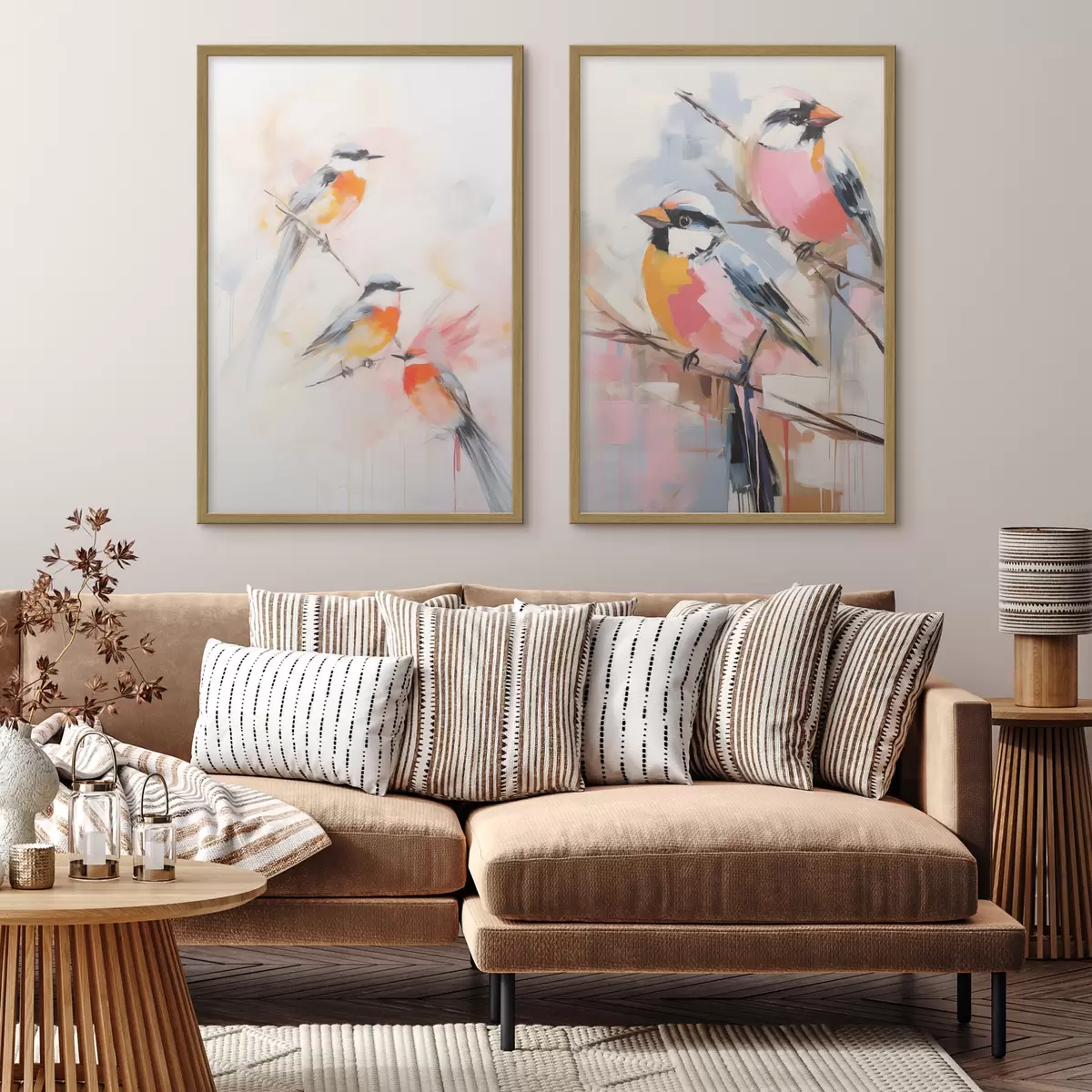 Poster Vögel auf Zweigen, weiche Pastellfarben, heller Hintergrund mit rosa und weißen Farbtönen d00658