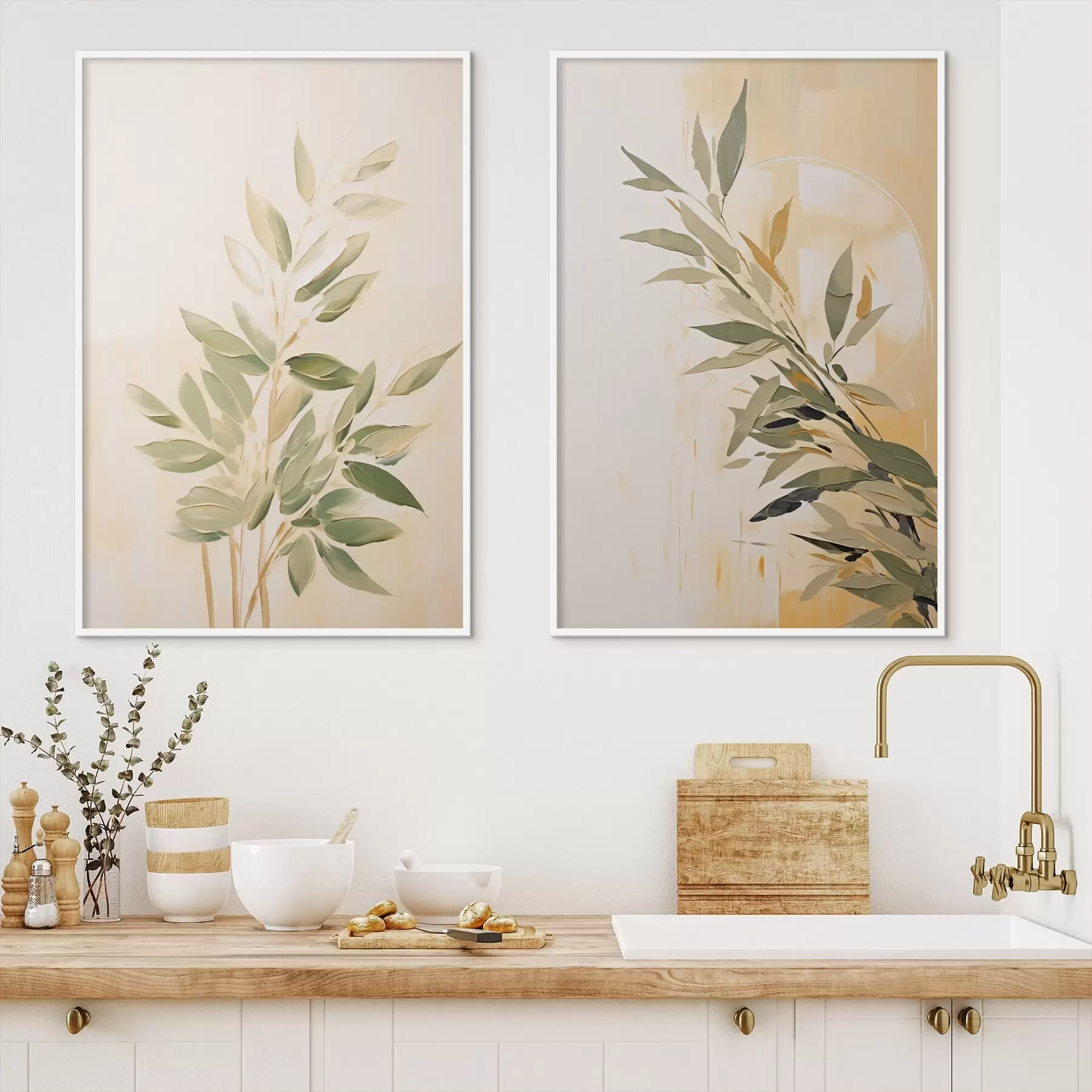 Fototapete Botanischer Zweig mit grünen Blättern auf einem warmen Hintergrund d00686