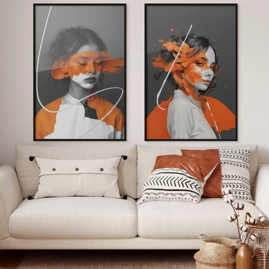 Fototapete Porträts von Mädchen mit abstrakten orangefarbenen Pinselstrichen d00693