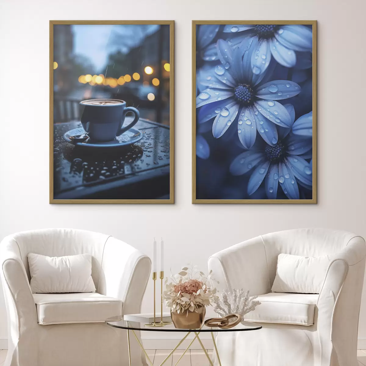 Poster Blaue Blumen mit Wassertropfen und eine Tasse Kaffee im Regen d00694