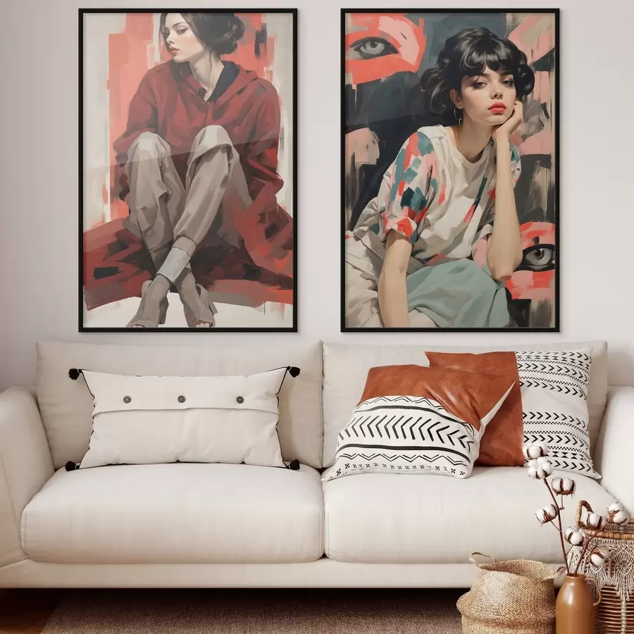 Fototapete Porträts von Mädchen in roten und beigen abstrakten Stilen d00695