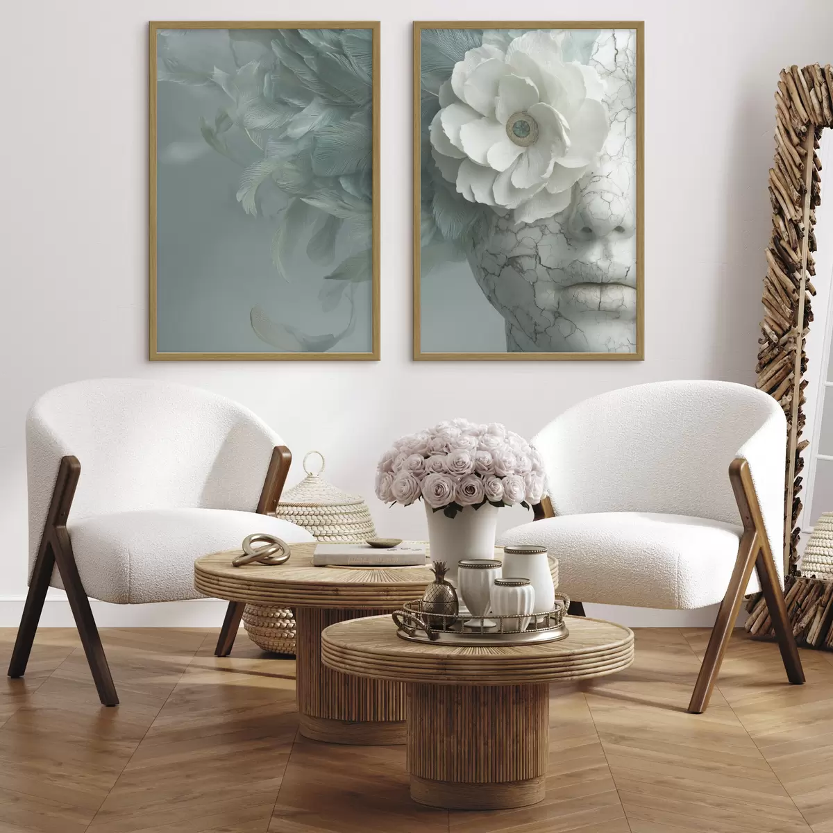 Poster marmorgesicht eines Mädchens mit einer Blume und Federn d00699