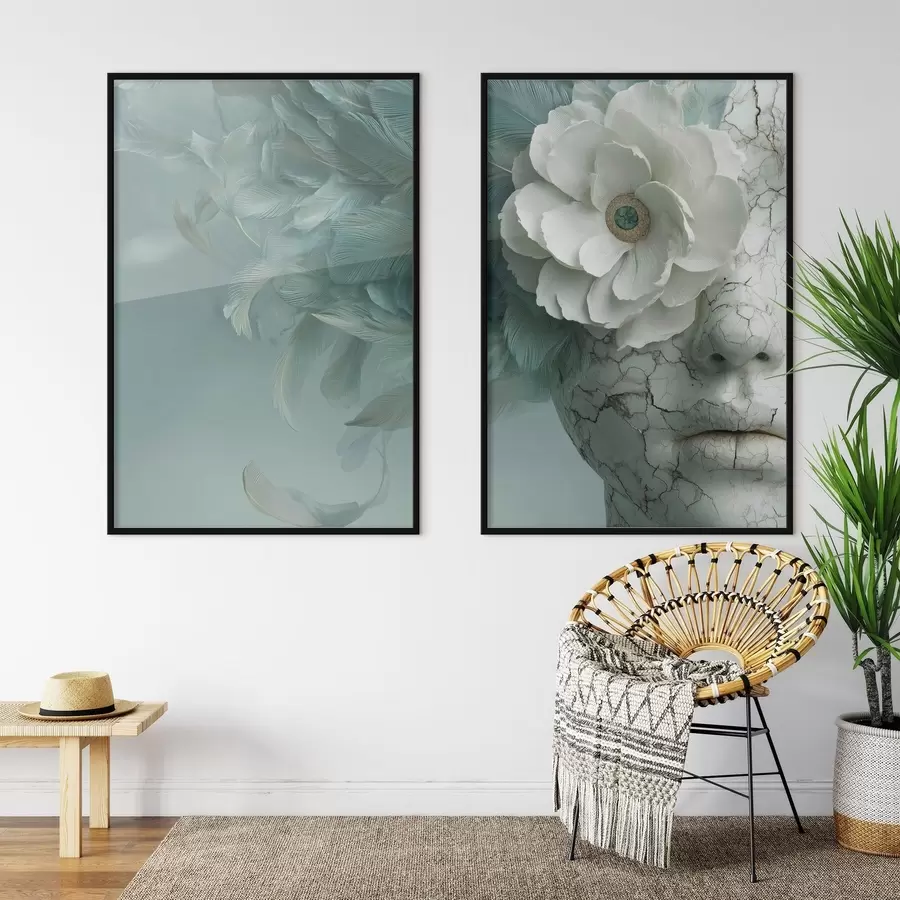 Fototapete marmorgesicht eines Mädchens mit einer Blume und Federn d00699