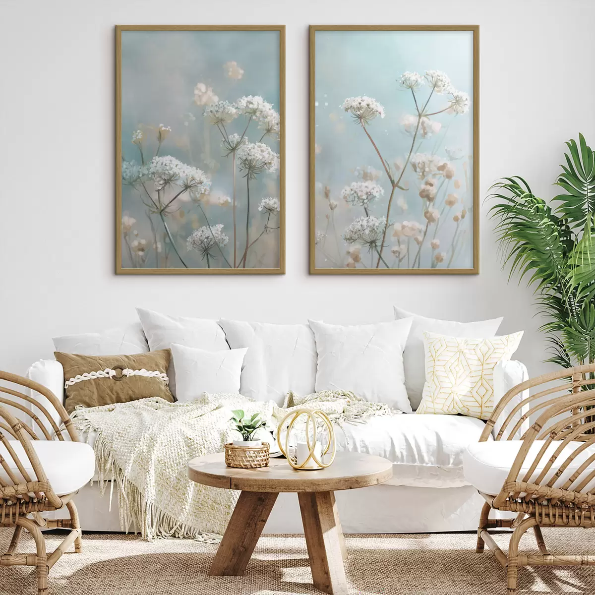 Poster Königin-Annes-Spitze-Blumen im Aquarellstil auf blauem Hintergrund d00705