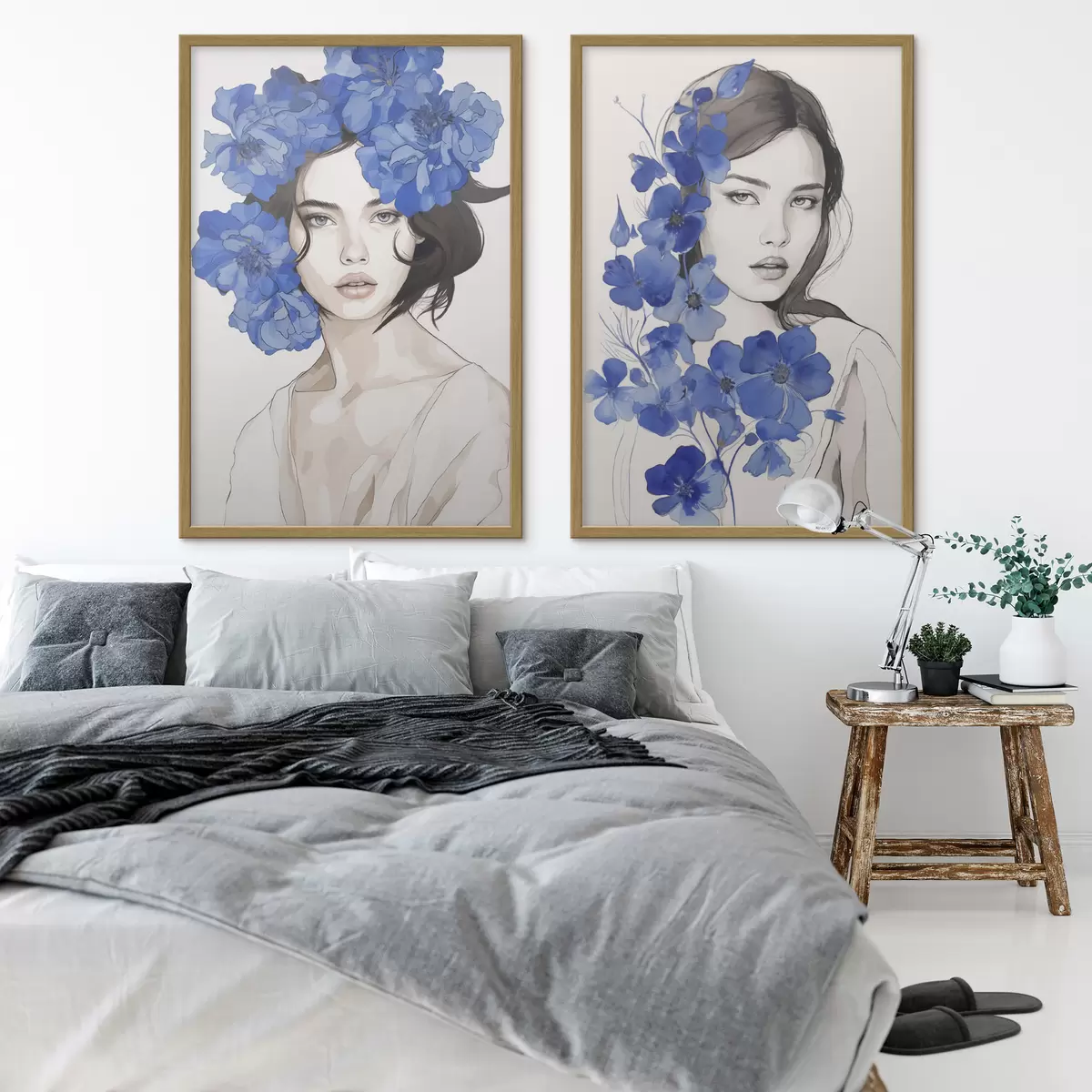 Poster Porträt eines Mädchens mit blauen Blumen d00721