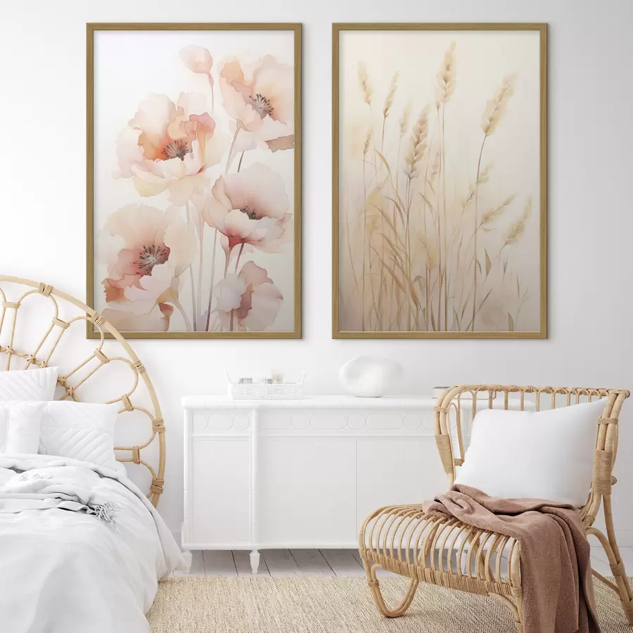 Fototapete Mohnblumen und Ährchen, Aquarellimitation d00723