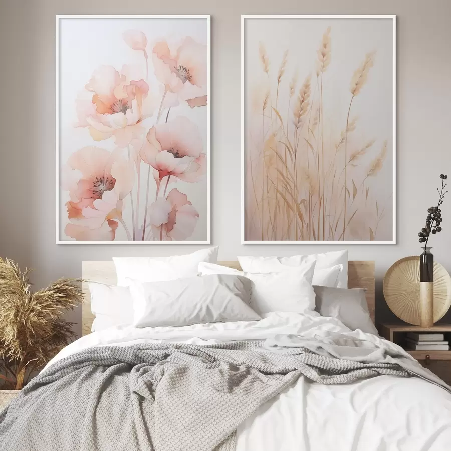 Fototapete Mohnblumen und Ährchen, Aquarellimitation d00723