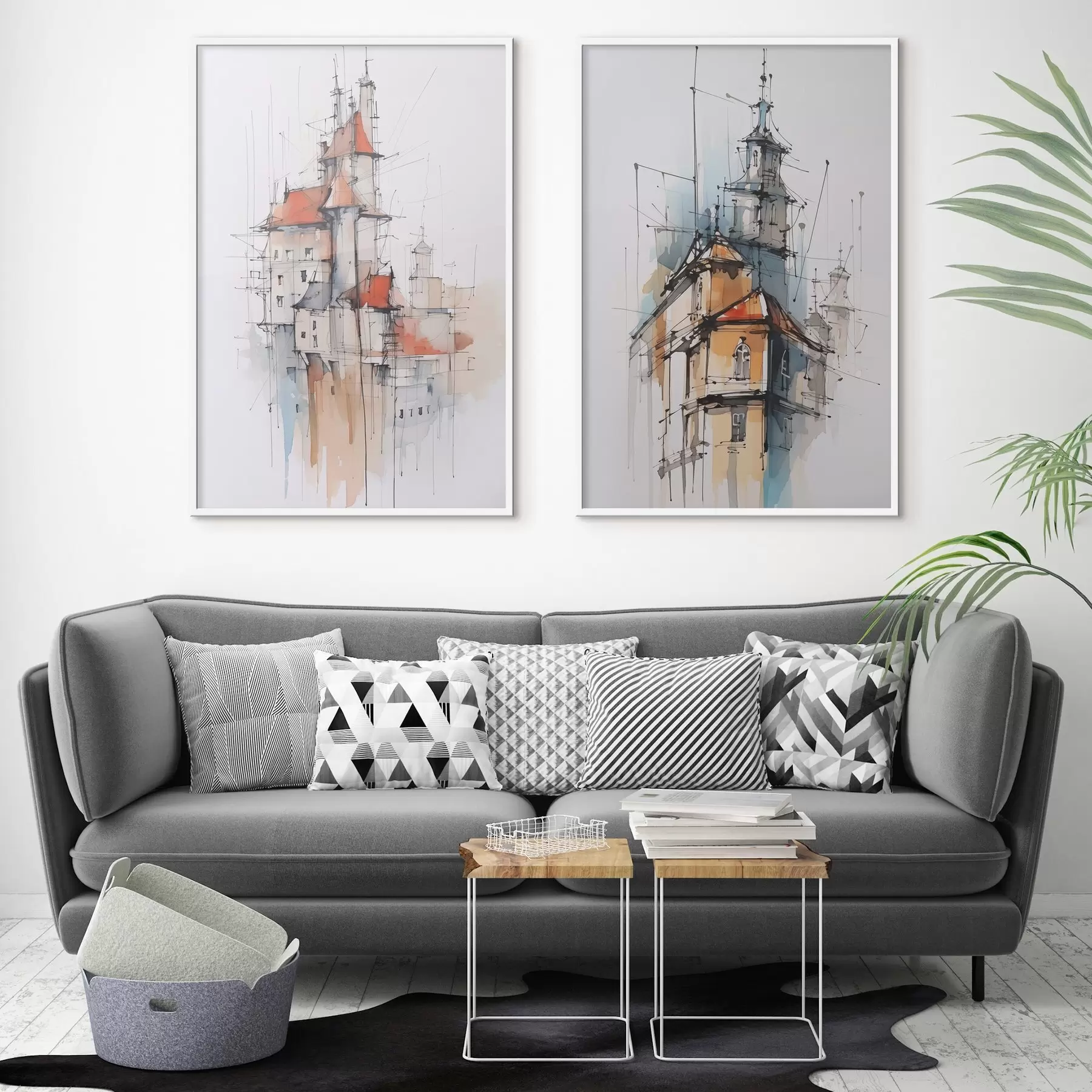 Fototapete Häuser-Imitation, Skizze und Aquarell d00725