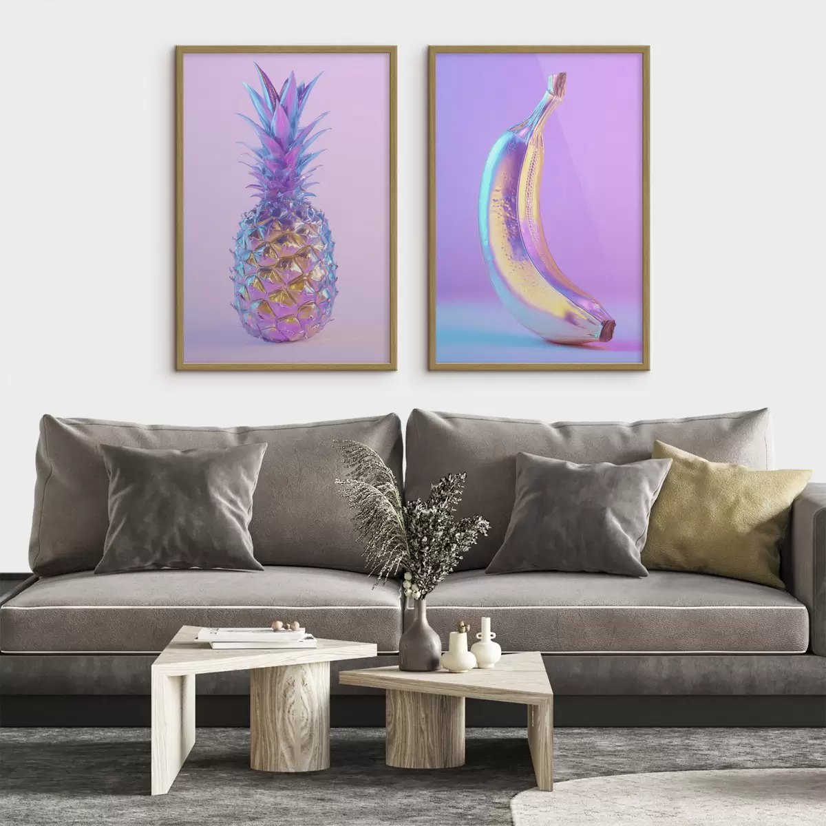 Poster leuchtend glänzende Ananas und Banane im Pop-Art-Stil d00737