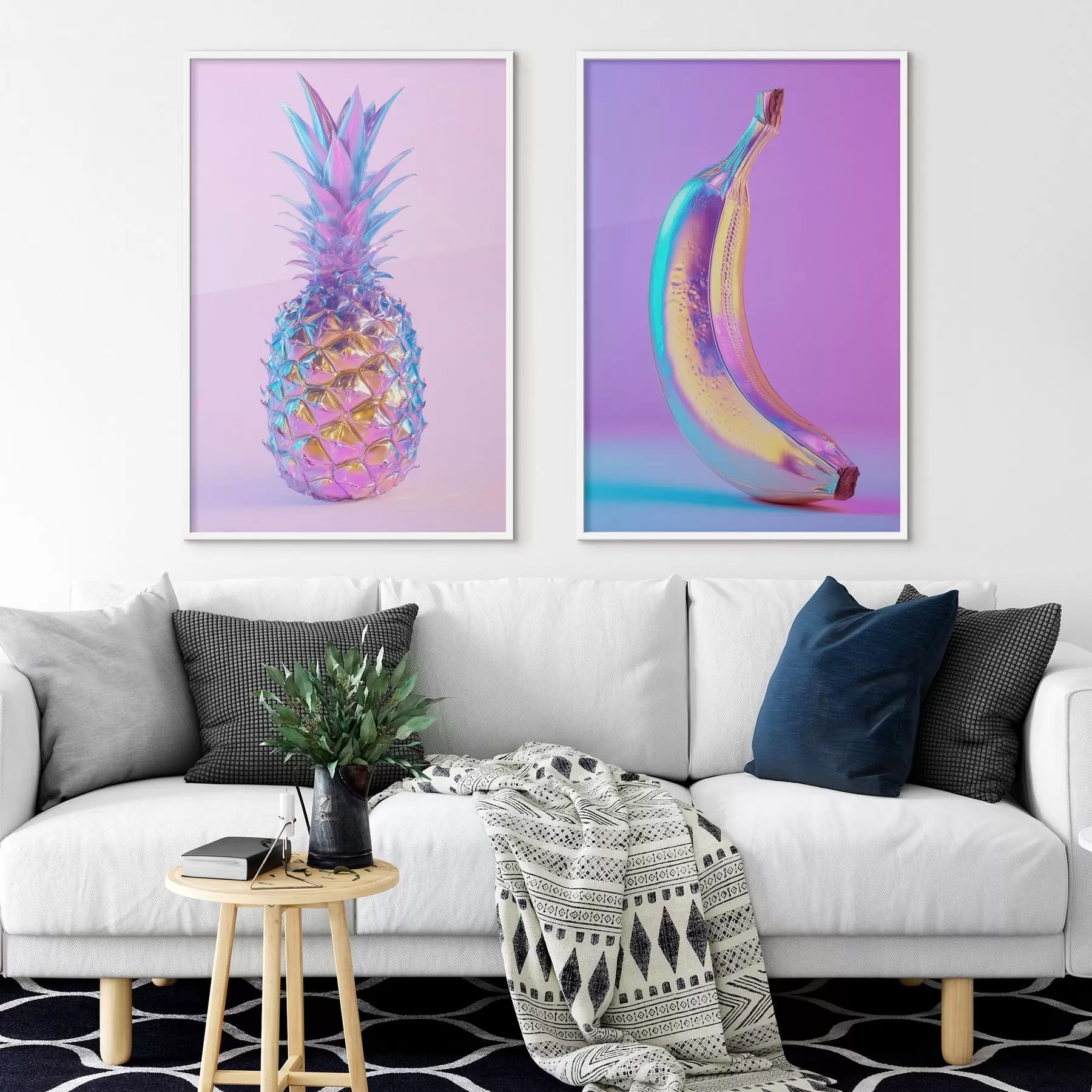 Fototapete leuchtend glänzende Ananas und Banane im Pop-Art-Stil d00737
