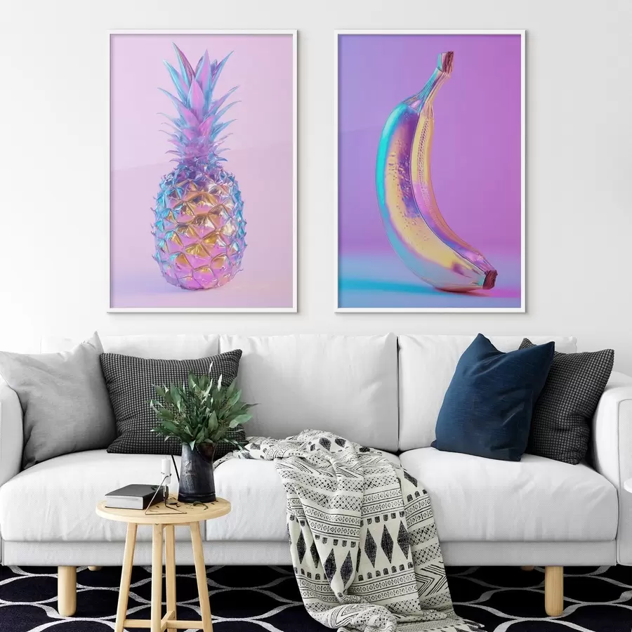 Fototapete leuchtend glänzende Ananas und Banane im Pop-Art-Stil d00737