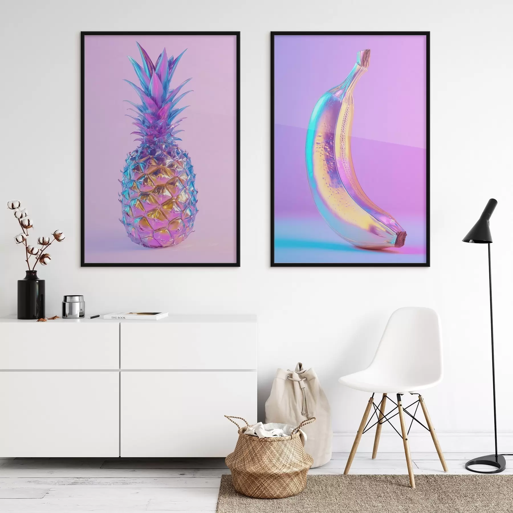 Fototapete leuchtend glänzende Ananas und Banane im Pop-Art-Stil d00737