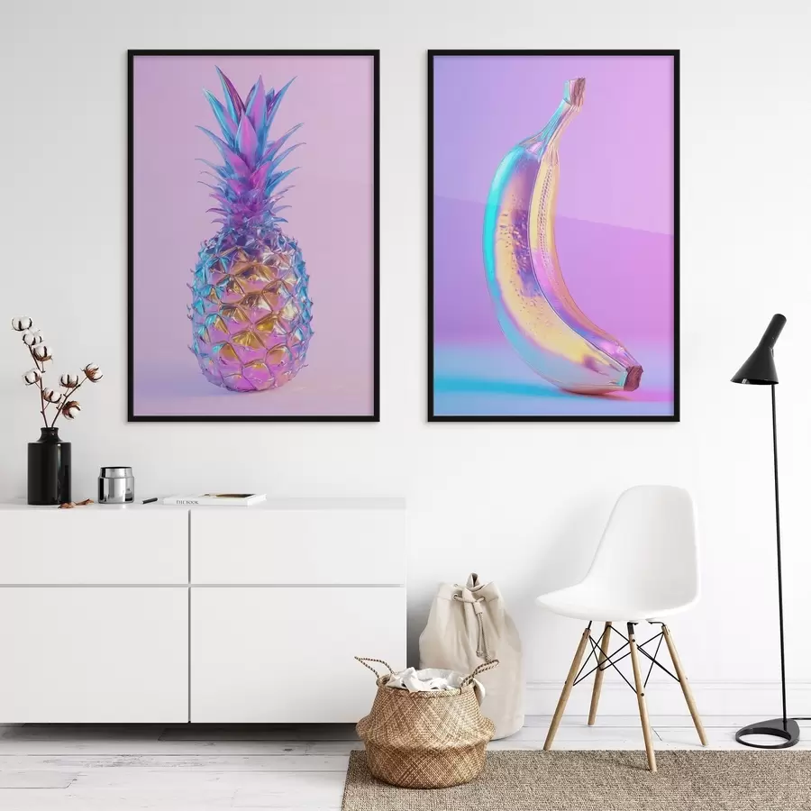 Fototapete leuchtend glänzende Ananas und Banane im Pop-Art-Stil d00737