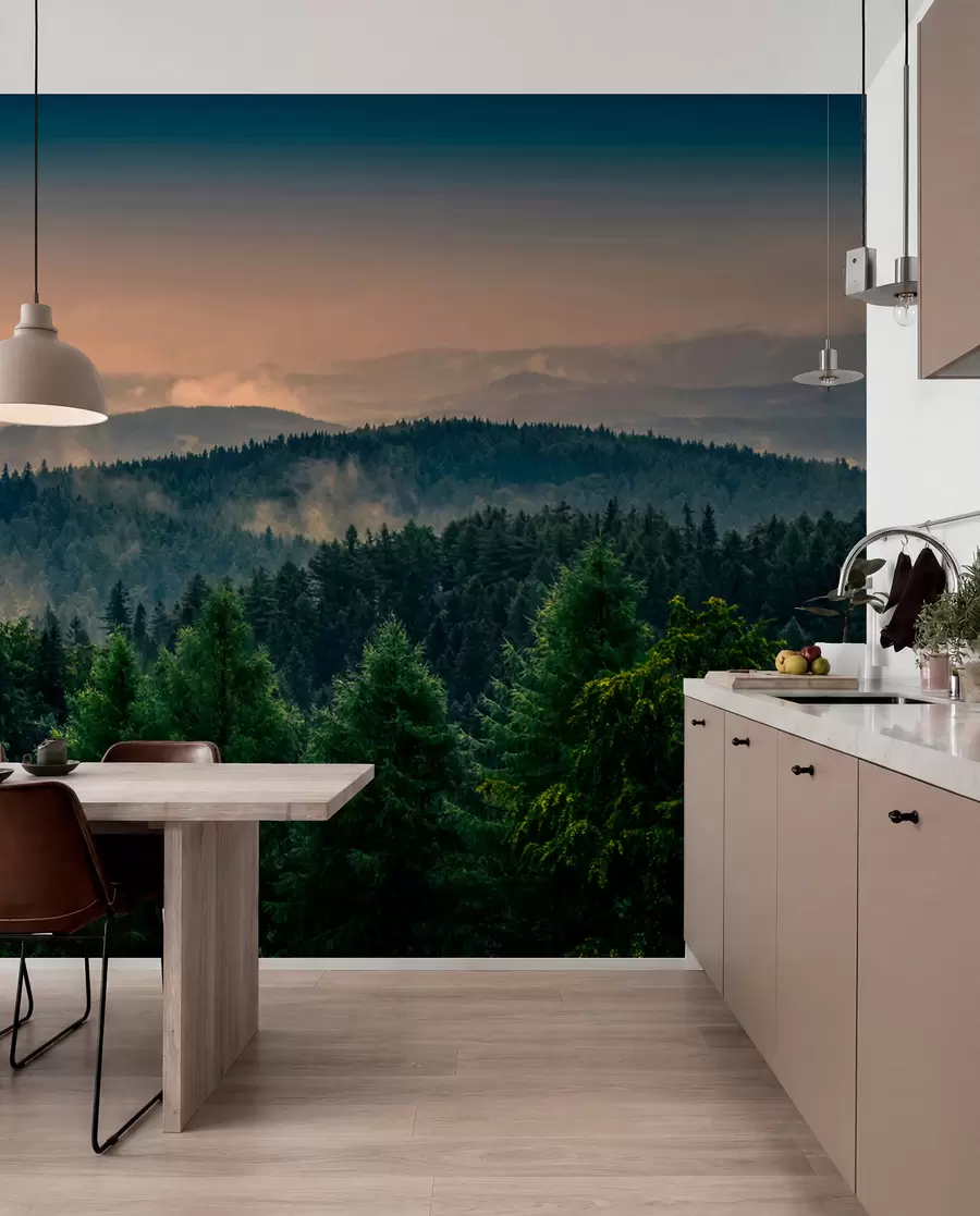 Fototapete Schöner Frühlingssonnenuntergang in einem nebligen Wald u72174