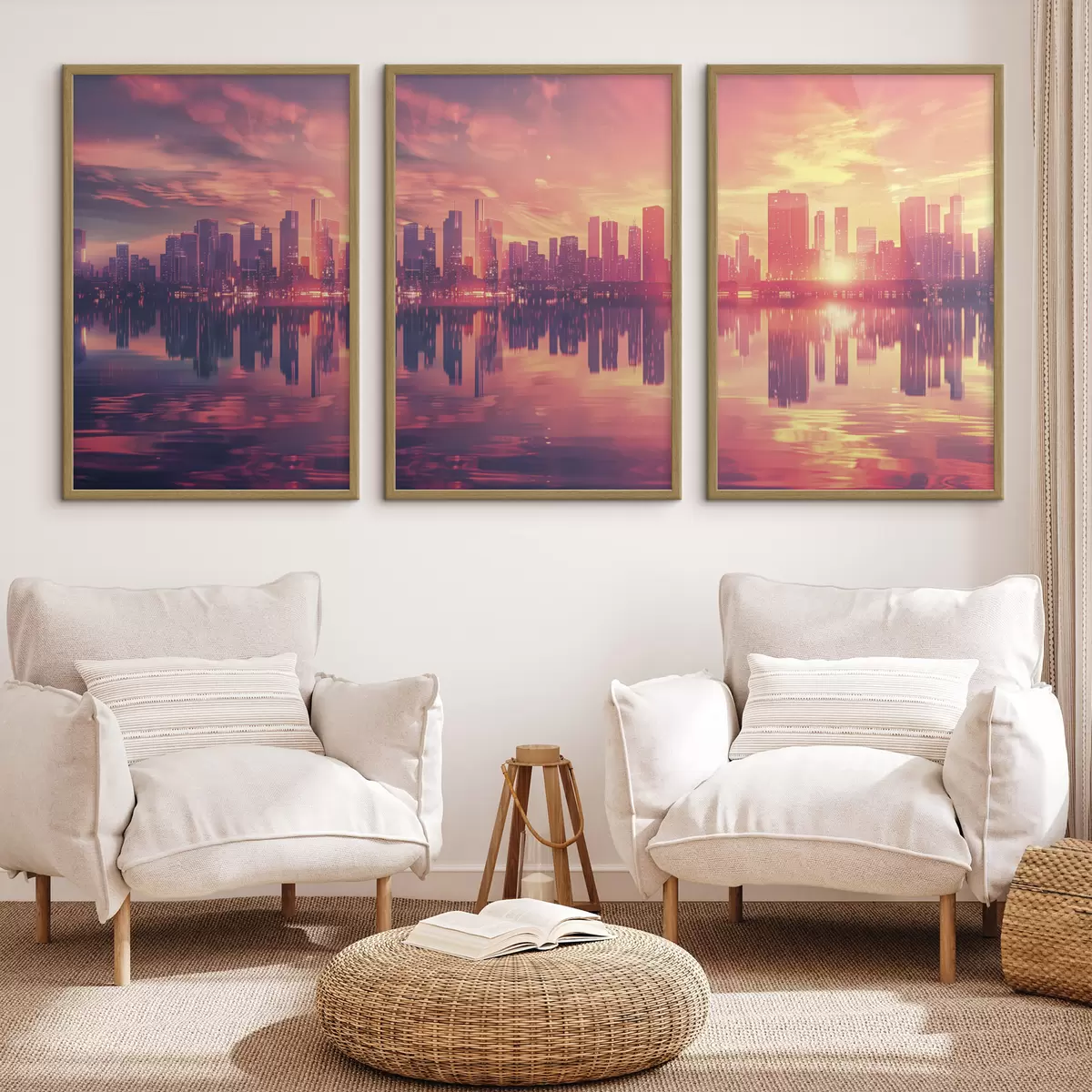 Poster Romantischer Sonnenuntergang mit einer modernen Stadt im Hintergrund d00784