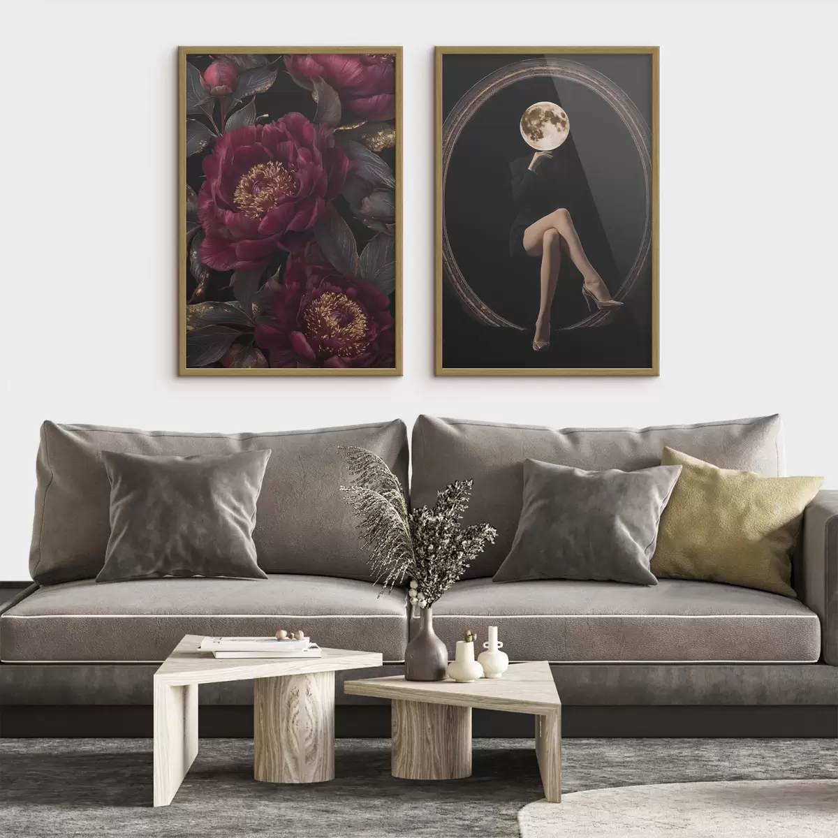 Poster Burgunderrote Pfingstrosen und eine mondförmige Silhouette auf schwarzem Hintergrund d00765