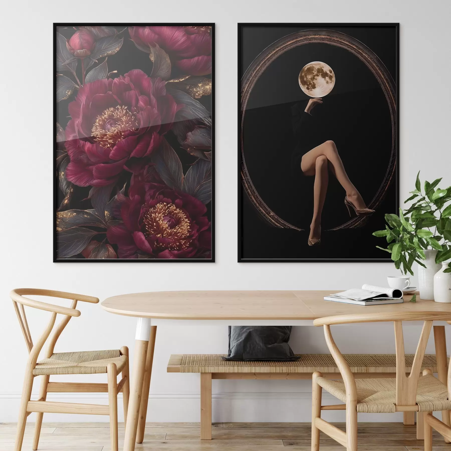 Fototapete Burgunderrote Pfingstrosen und eine mondförmige Silhouette auf schwarzem Hintergrund d00765