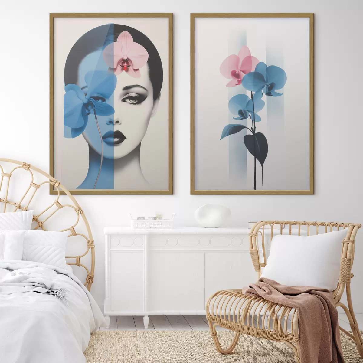 Poster Abstraktes Kunstporträt einer Frau mit Orchideen d00818