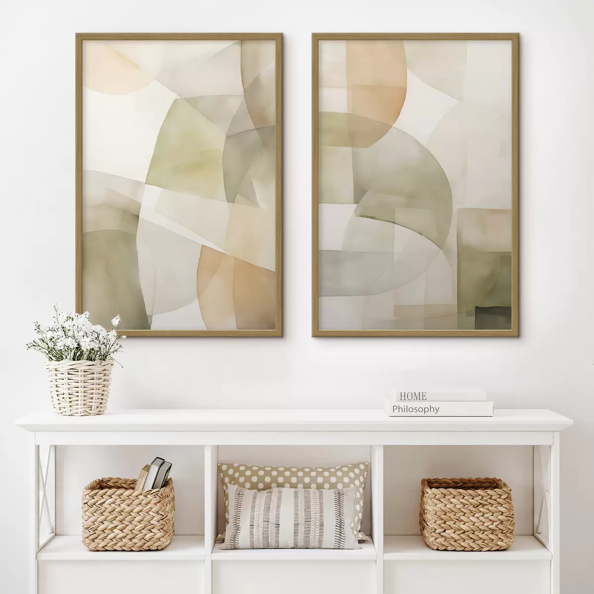 Poster Abstrakte geometrische Formen mit Aquarellstruktur in Grün-, Braun- und Beigetönen d00820
