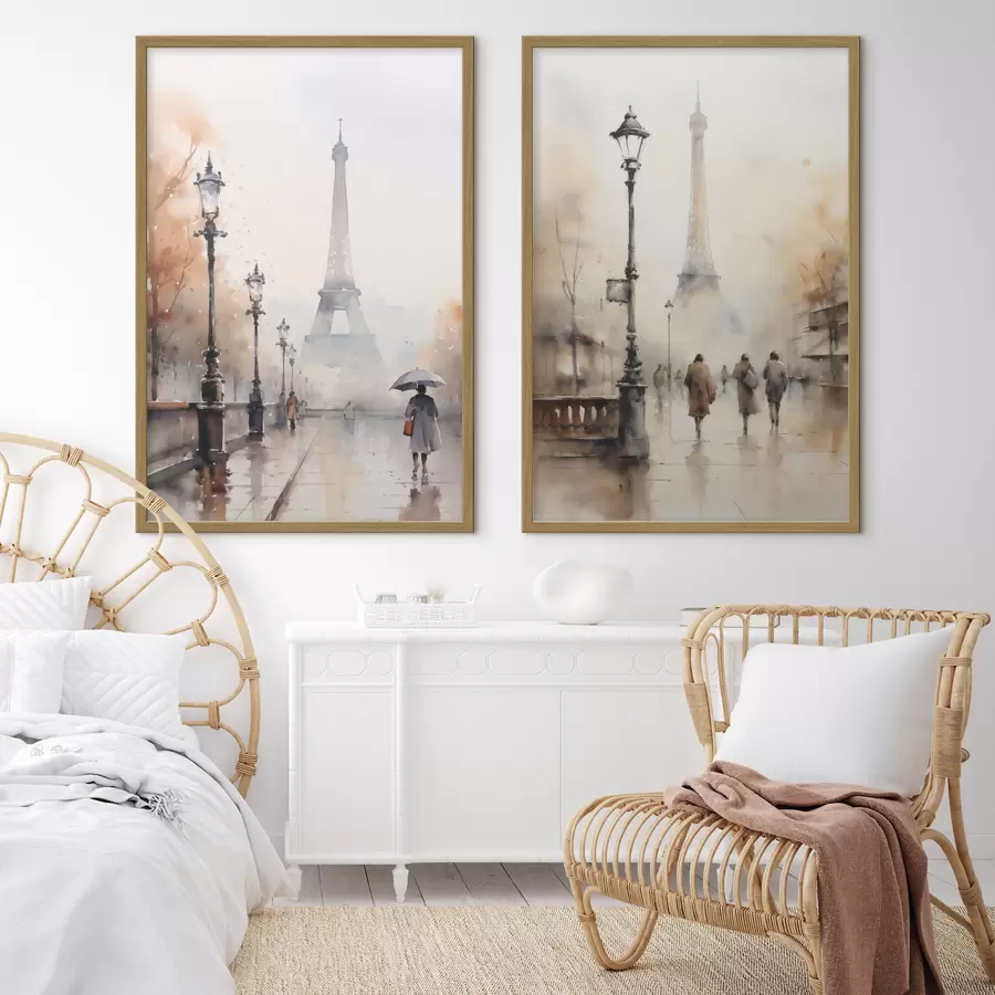 Fototapete Ein regnerischer Herbsttag in Paris mit dem Eiffelturm im Hintergrund und Vintage-Straßenlaternen d00821