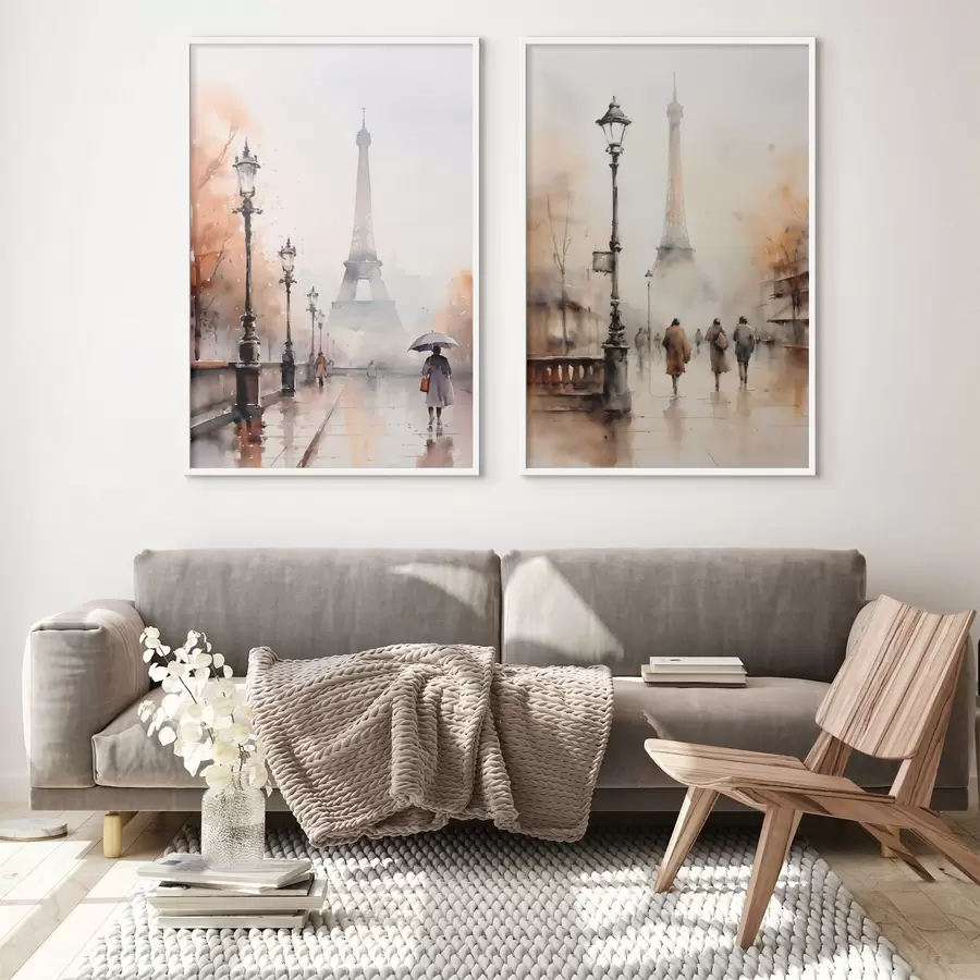 Fototapete Ein regnerischer Herbsttag in Paris mit dem Eiffelturm im Hintergrund und Vintage-Straßenlaternen d00821