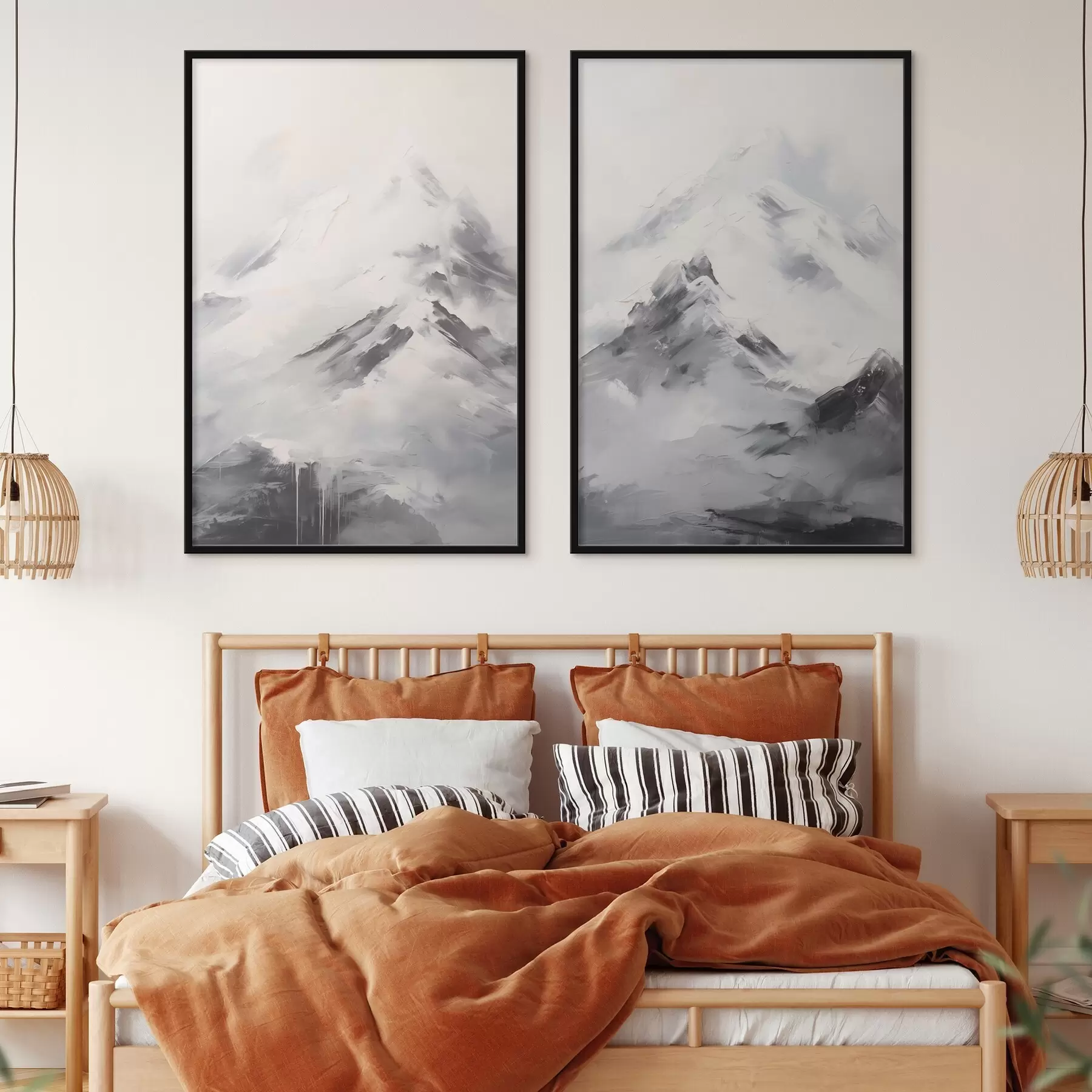 Fototapete Verschneite Berggipfel mit grauen Schatten, grauer Himmel, Pinselstriche, strukturiert, minimalistisch d00822