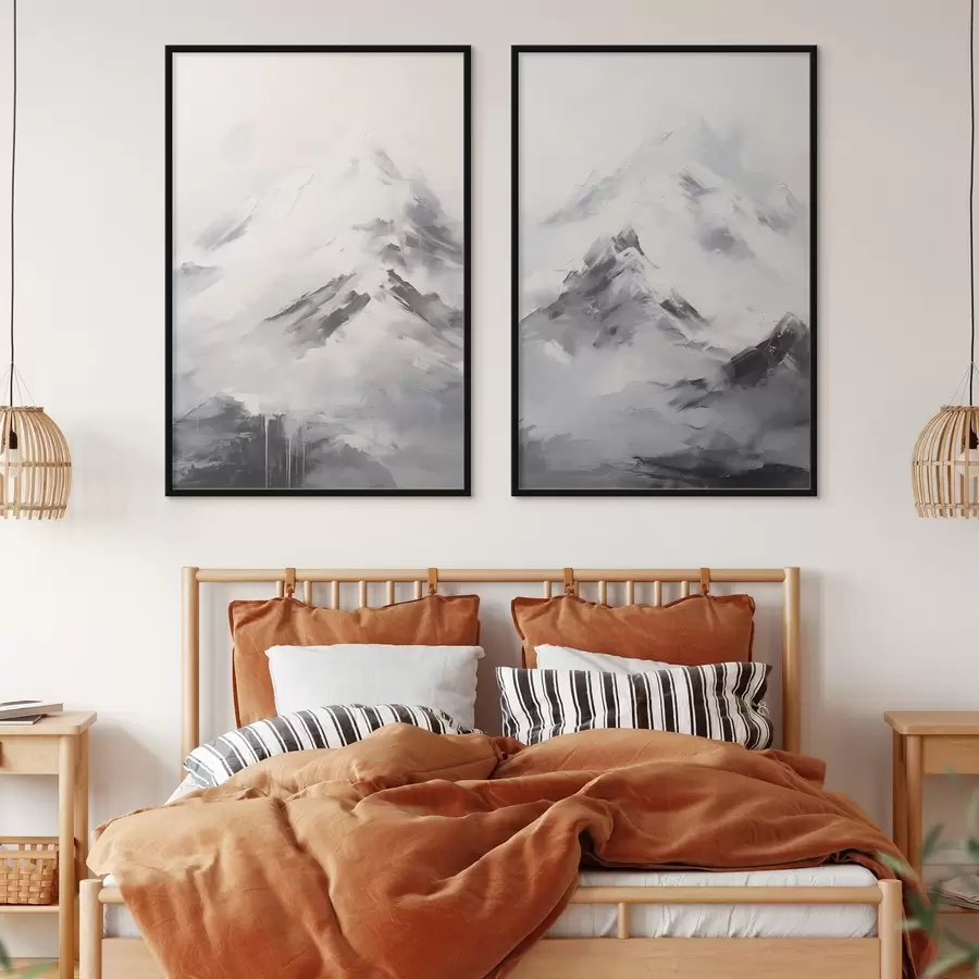 Fototapete Verschneite Berggipfel mit grauen Schatten, grauer Himmel, Pinselstriche, strukturiert, minimalistisch d00822