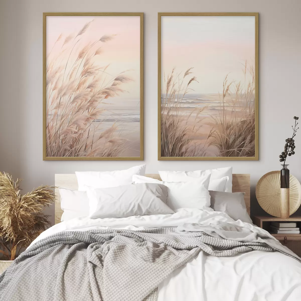 Poster Pampasgras mit pastelloranger Farbpalette, hellrosa Himmel, eine ruhige Landschaft d00823