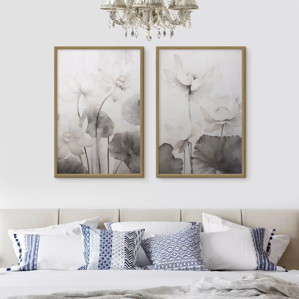 Poster Weiße Lotusblumen mit dunkler Blattstruktur, heller Hintergrund, minimalistisches Design d00824