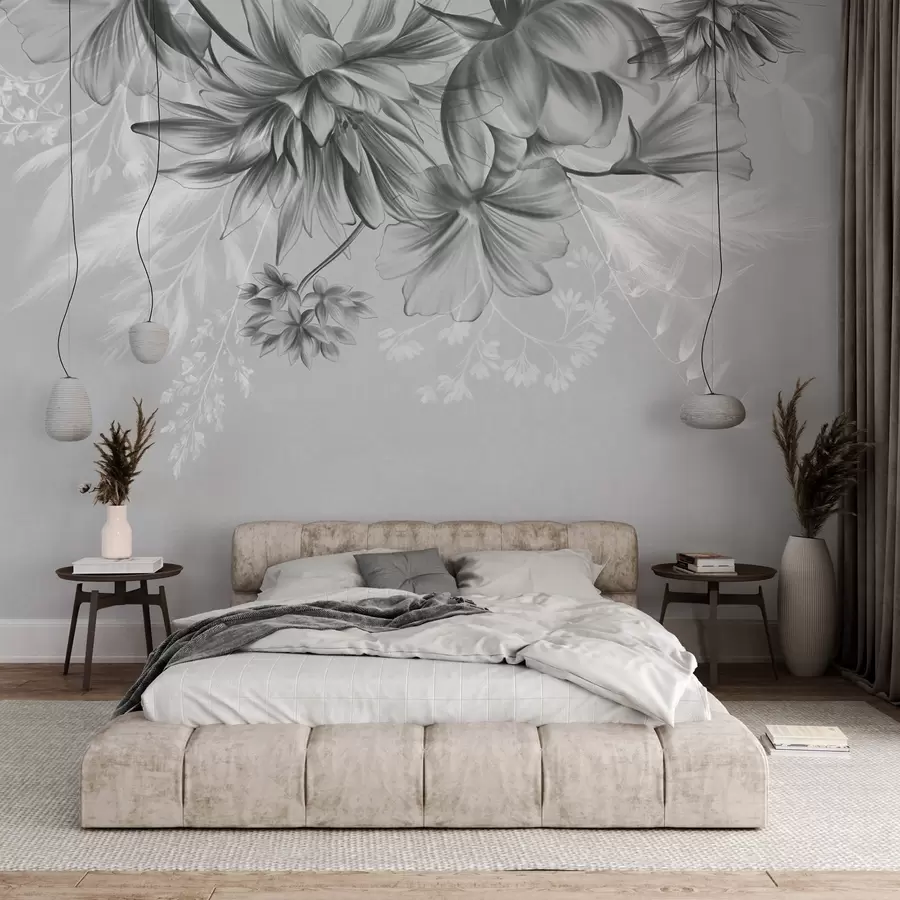 Fototapete Strukturierte Blumen und Farne in Dunkelgrau- und Weißtönen vor einem gedeckten grauen Hintergrund im Zeichenstil w09644v1