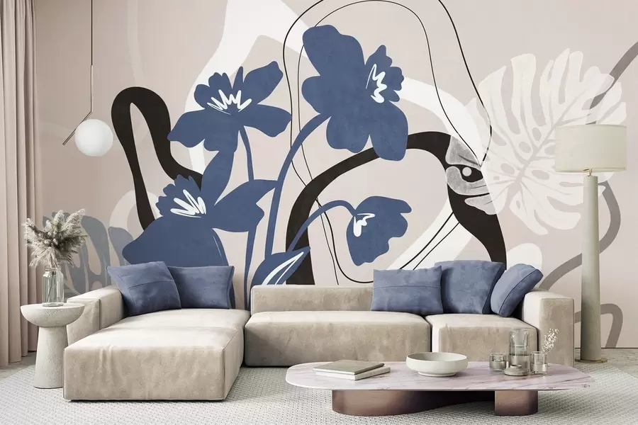 Fototapete Abstrakte, strukturierte blaue Blumen mit weißen und schwarzen Formen vor einem hellbeigen Hintergrund, minimalistische Kunst w09645