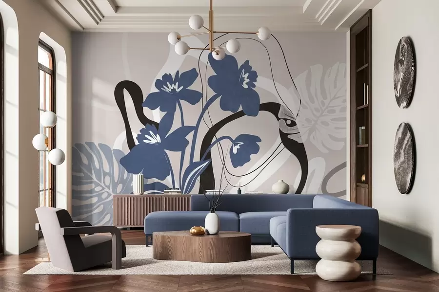 Fototapete Abstrakte, strukturierte blaue Blumen mit weißen und schwarzen Formen vor einem hellbeigen Hintergrund, minimalistische Kunst w09645