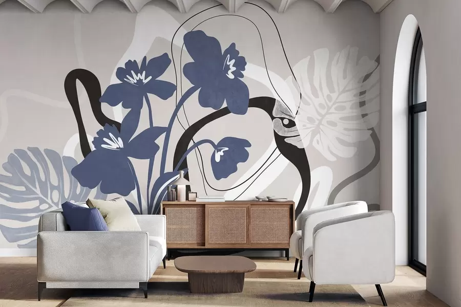 Fototapete Abstrakte, strukturierte blaue Blumen mit weißen und schwarzen Formen vor einem hellbeigen Hintergrund, minimalistische Kunst w09645