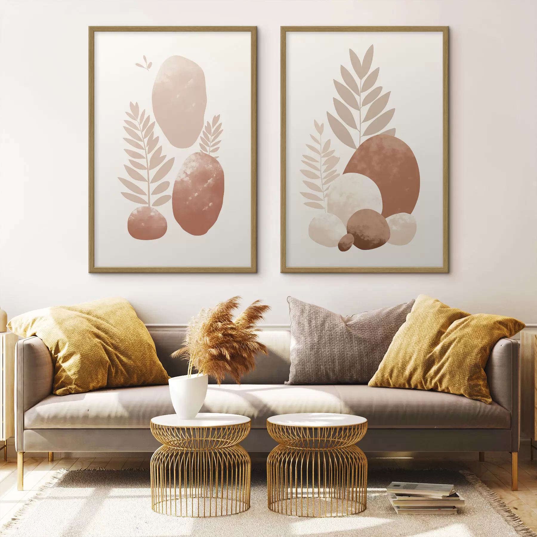Fototapete Abstrakte Formen, strukturierte Steine und Blätter in gedeckten Pfirsich- und Terrakottatönen, minimalistisch, cremefarbener Hintergrund d01114