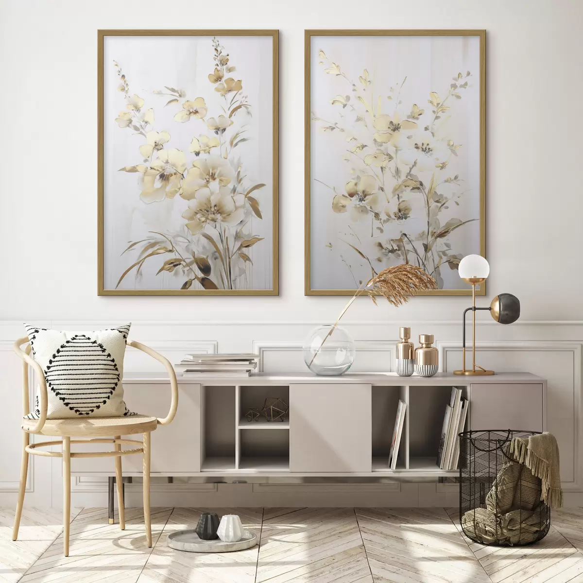 Poster Strukturierte gelbe Blüten und Blätter vor weißem Hintergrund, mit zarten Pinselstrichen d01116
