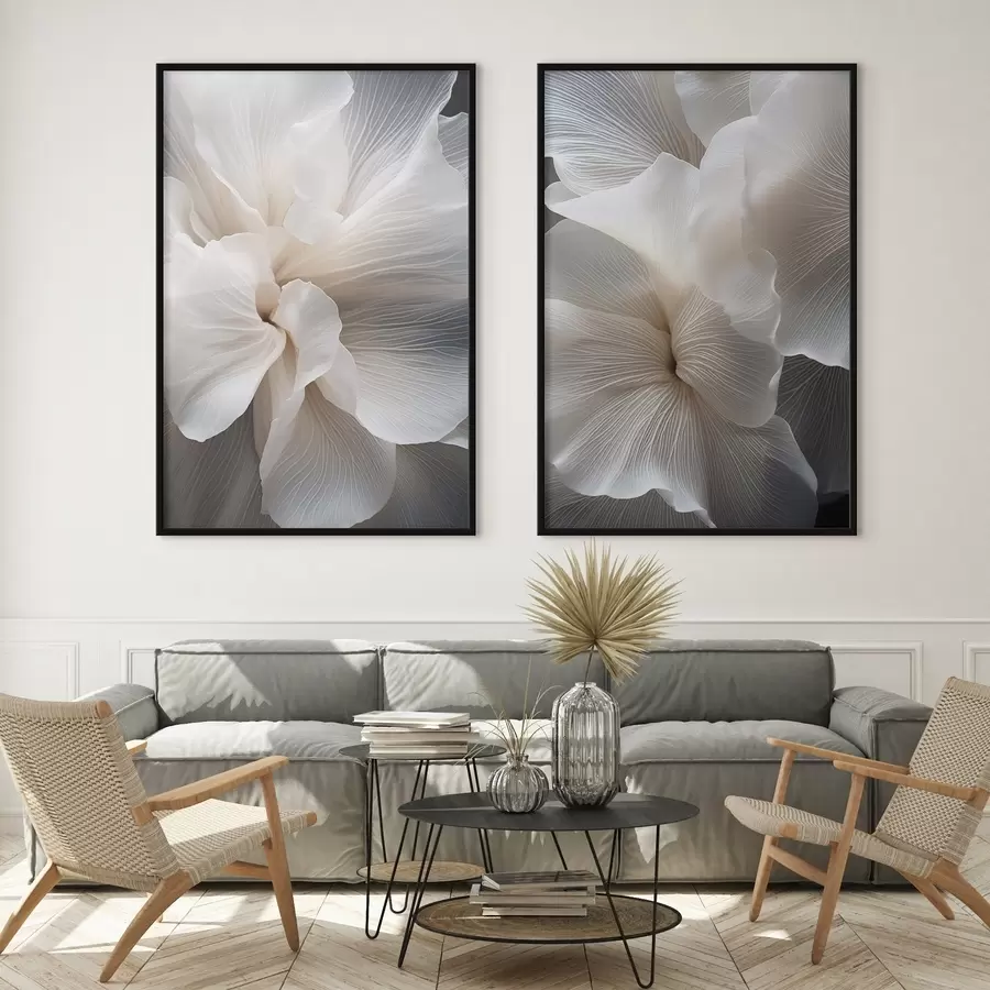 Fototapete Nahaufnahme von zarten, abstrakten weißen Blütenblättern mit filigranen Linien und einem verschwommenen dunklen Hintergrund d01117