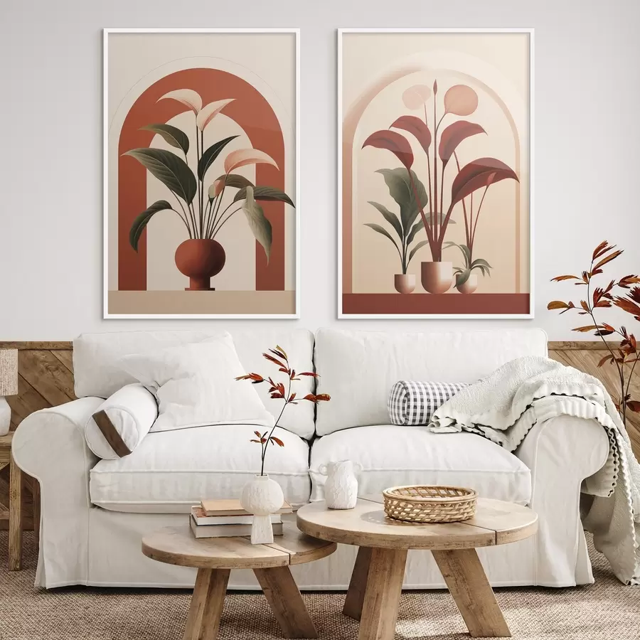 Fototapete Abstrakte Topfpflanzen mit großen grünen und roten Blättern vor einem cremefarbenen Torbogen d01124