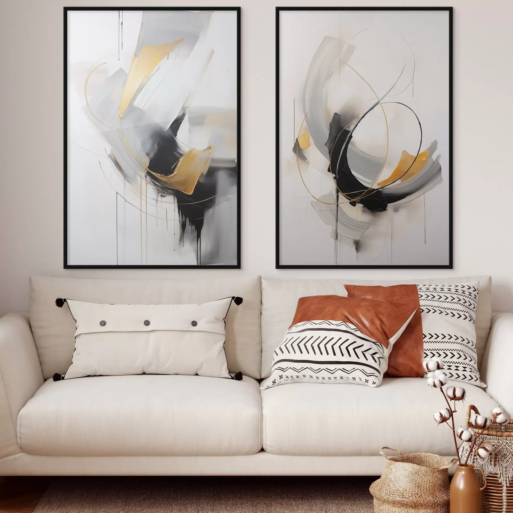 Fototapete Abstrakte Malerei mit gelben, schwarzen und weißen Pinselstrichen, dynamischen Linien d01125