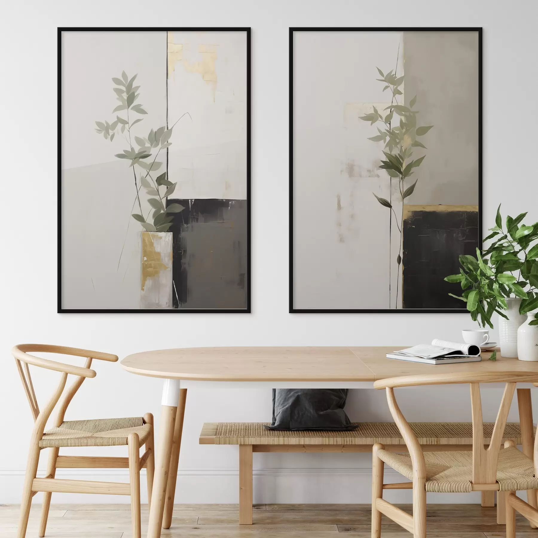 Fototapete Ein minimalistisches, strukturiertes Gemälde einer Vase mit grünen Blättern vor einem Hintergrund aus abstrakten geometrischen Formen. d01126